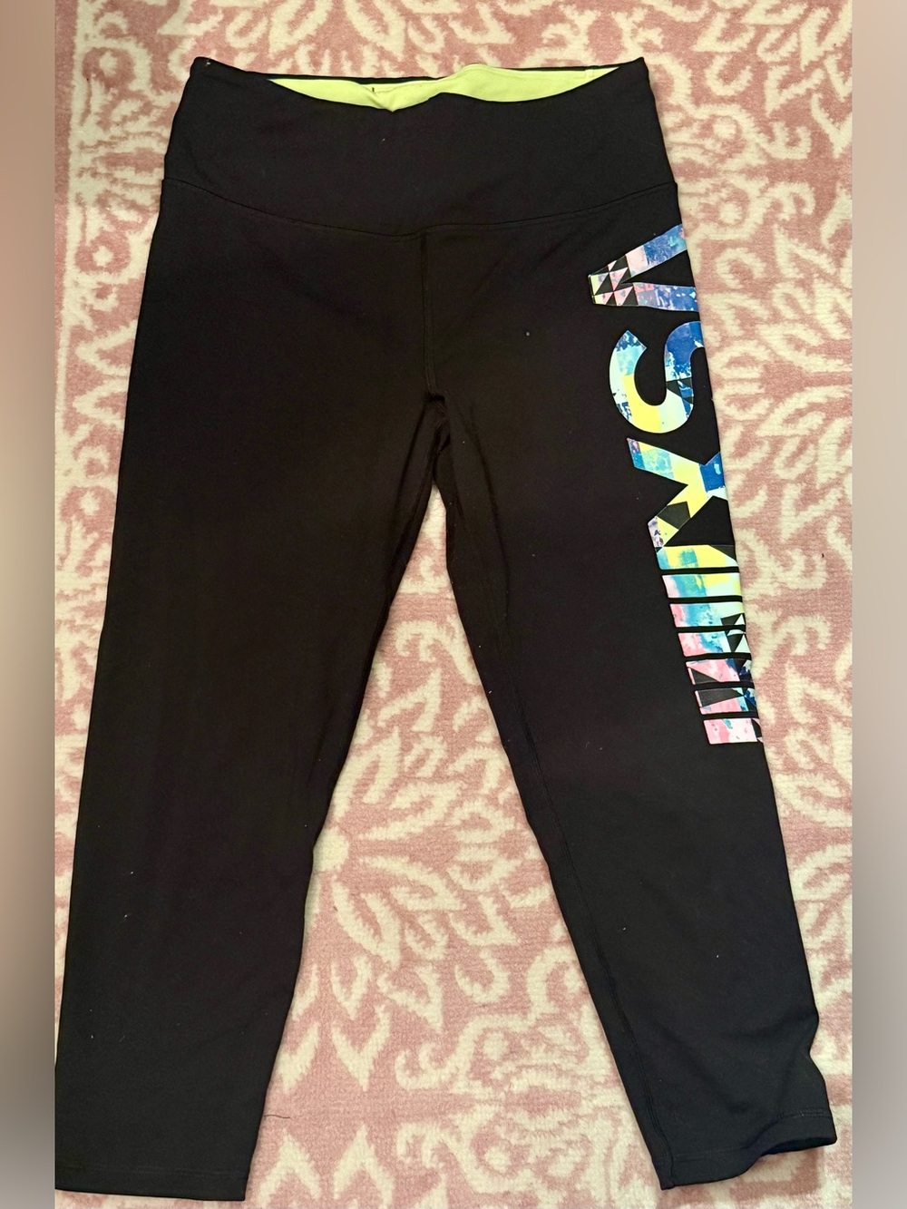 Victoria’s Secret VSX Sport Black Cropped Leggings Neon Waist